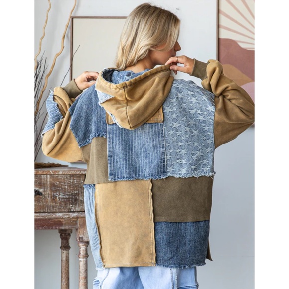 POL Patchwork Hoodie in Blue and Brown - Picture 6 of 7